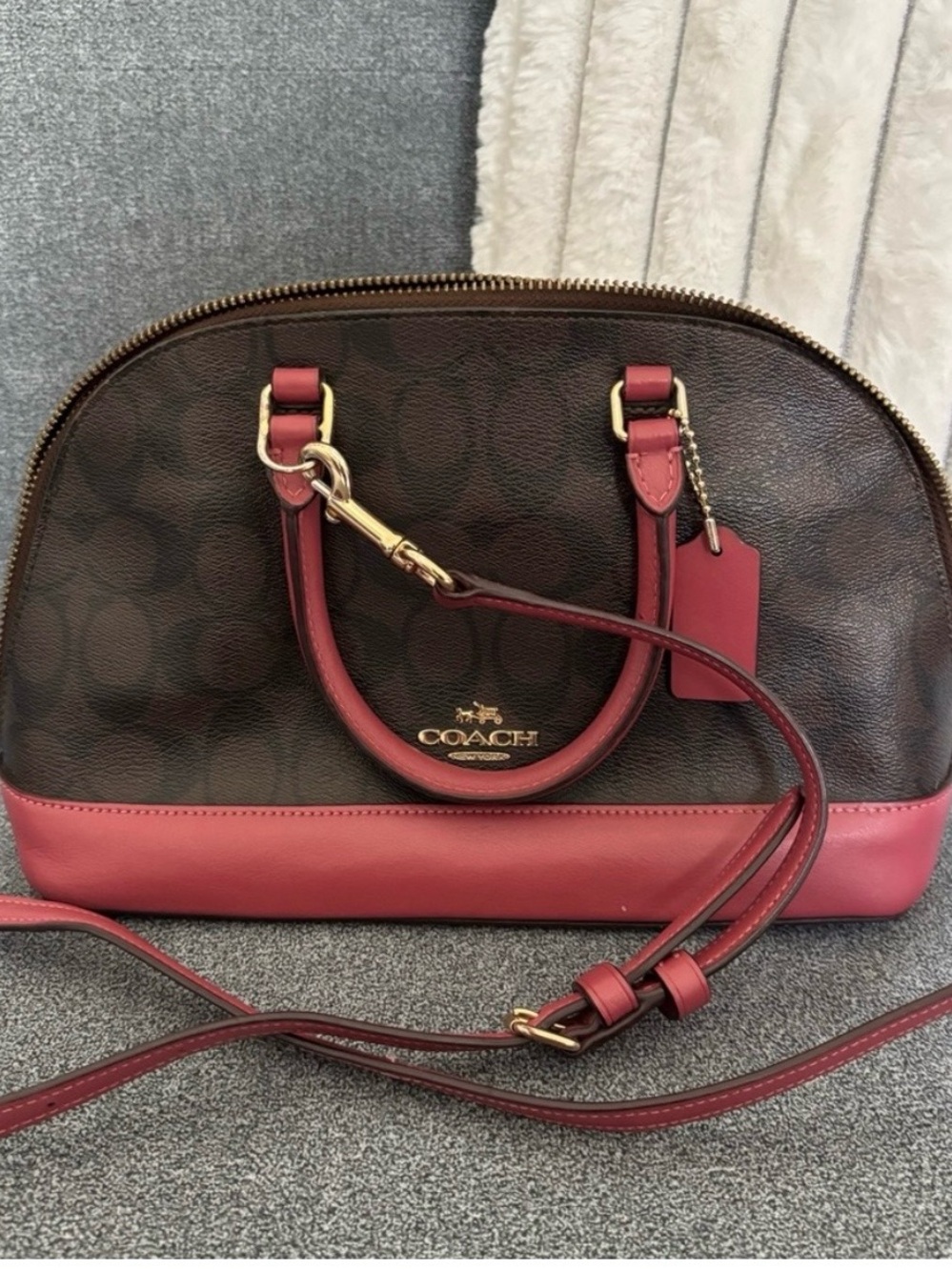 Coach Brown Signature Dome Satchel with Rose Trim